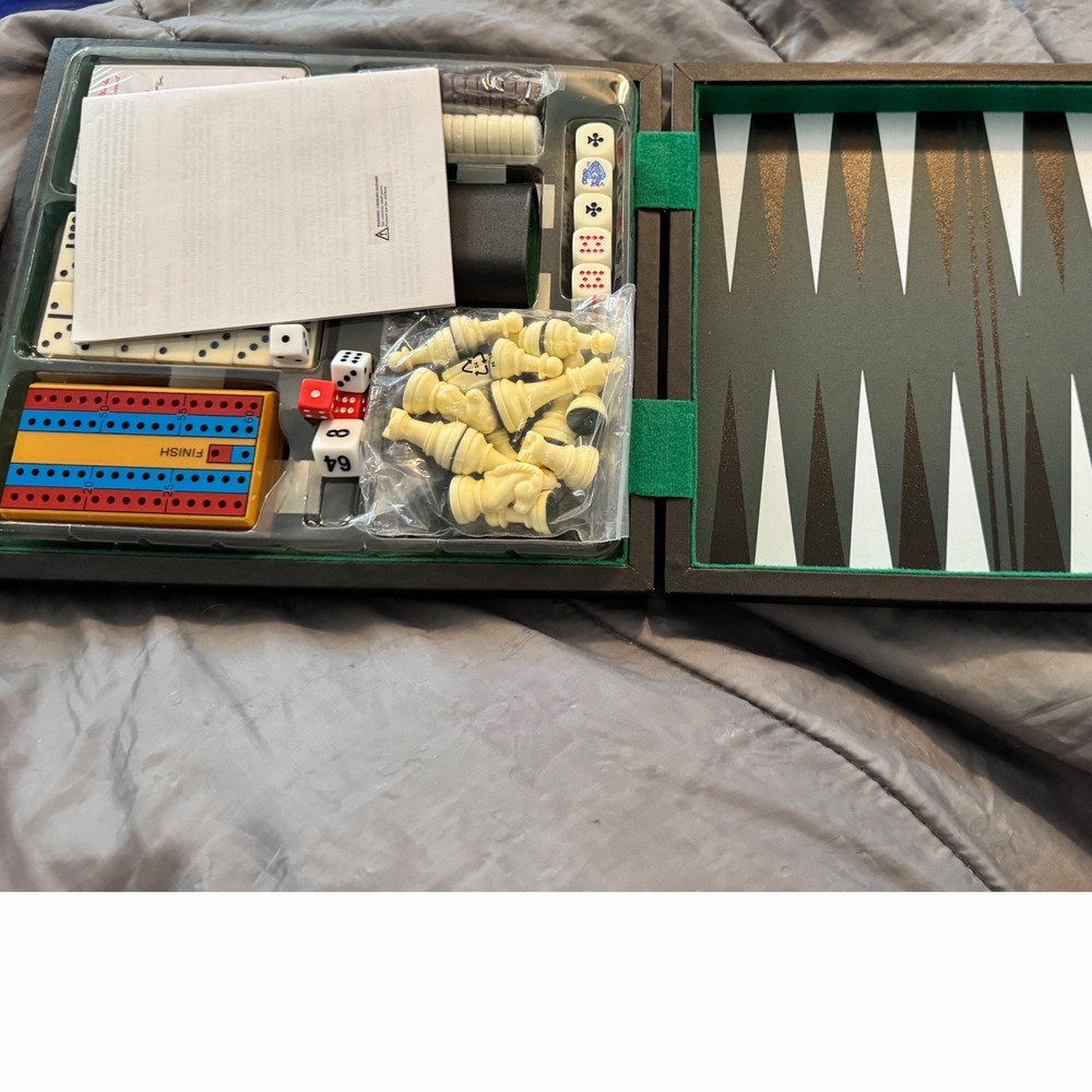 6-in-1 Travel Game Set Chess Backgammon Cribbage Dominoes Checkers Poker Case - Picture 2 of 8